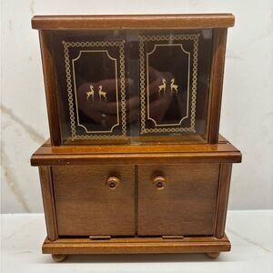 Vintage Miniature Tabletop  Wooden Cabinet with Deer Design Glass Sliding Doors
